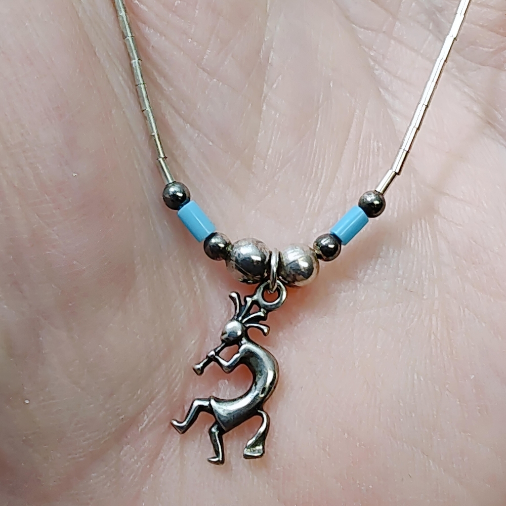 Sun West Silver Sterling Liquid, Turquoise, Ball bead Kokopelli Necklace 16" - Picture 4 of 9